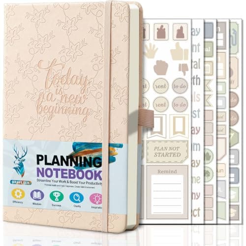 A5 Daily Planner Notebook with Stickers, Faux Leather Cover, 14.8x21.2 cm, Pink, Blue, Green, Schedule, To-Do List, Goals, Meal Plan