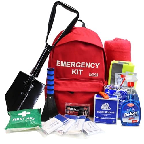 EVAQ8 Professional Winter Car Survival Kit - 20-Piece Vehicle Emergency Kit with Long-Life Food, Drinking Water, Thermal Shelter, Folding Shovel, Wind-Up Torch & First Aid | Fleet & Utility Vehicles