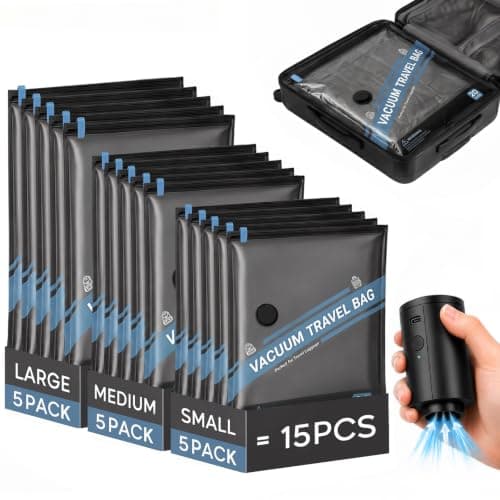 ZOESTORAGE Vacuum Bags for Travel with Electric Pump, 18 Pack Travel Vacuum Bags with Pump for Clothes, Luggage, Blankets, Vacuum Storage Bags for Clothes (5L, 5M, 5S, 3 Shoe Bags), Blue