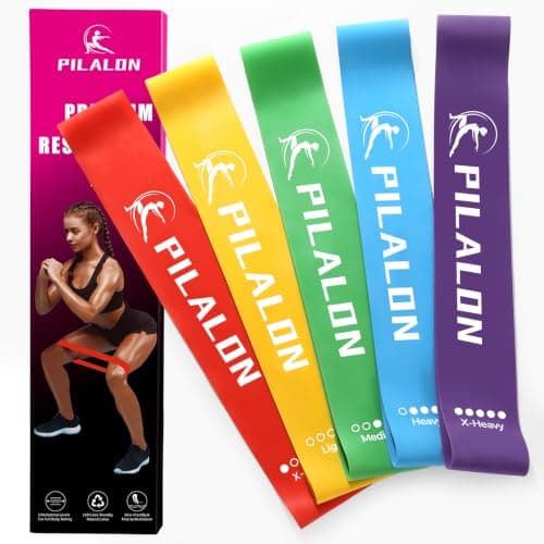 PILALON Resistance Bands, Set of 5 Skin-Friendly Fitness Exercise Loop Bands with 5 Strength Levels for Women & Men - Ideal for Home, Gym, Yoga Training - Carry Bag & Guide Included