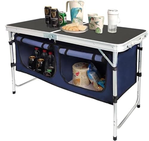 Eieblek Folding Table Camping, Camping Kitchen Table with Storage, Folding Outdoor Cooking Table, 3 Adjustable Height(54-70cm), for BBQ Party Picnic RV Travel
