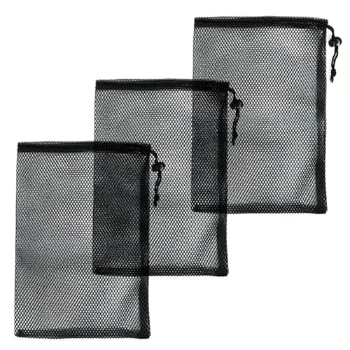 Elmsley 3 Pcs Mesh Drawstring Nylon Bag,15 x 20 cm Reusable Mesh Bags,Small Net Bag Drawstring,for Swimming,Travel Organization,School PE Kits,Storage Solutions,Lightweight & Portable (Black)