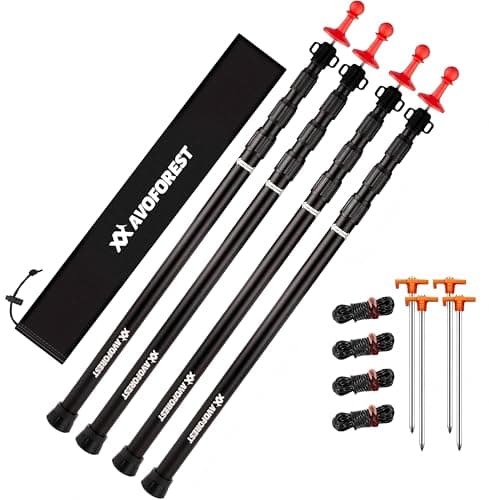 AVOFOREST Tent Poles, Telescoping Tarp Poles, Aluminium Adjustable Camping Tent Poles for Tarp with Lightning Protection Cap Awning Poles Set for Canopy Porch Sun Sails Awning, 88-265cm ((4PCS) Black)
