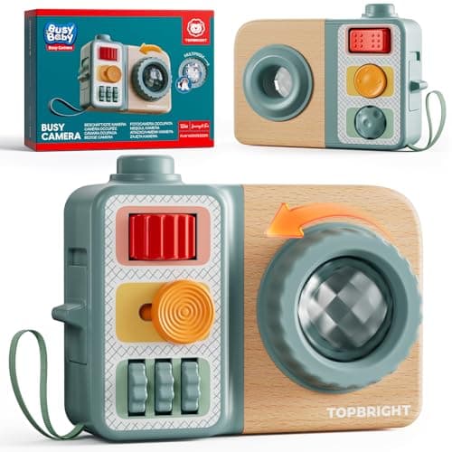 TOP BRIGHT Busy Board for 1 year old, Montessori Travel Toys for Toddlers 1-3 on Airplane, Fine Motor Skills Toys Camera, Wooden Sensory Gifts for 1 Year Old Girl & Boy on Christmas and Birthday