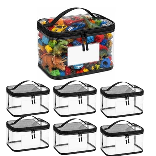 7 Pack Extra Large Toy Storage Bags with Labels, Clear PVC Organizing Bags with Double Zipper, Reusable Waterproof Toy Bags with Handle, Travel Case Pouch for Building Blocks, Puzzles, Board Games