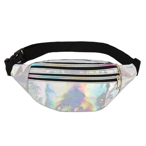 Waterproof Fanny Pack with Adjustable Strap - Laser Glitter Belt Bag for Ladies and Men - Outdoor Travel and Hiking (Silver)