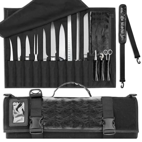 WISEPRO Chefs Knife Roll Bag, Heavy Duty Canvas & Leather Knife Case, Waterproof Knife Case with 10 Slots & 1 Detachable Storage Bag, for Home Kitchen Camping Hiking (Black)