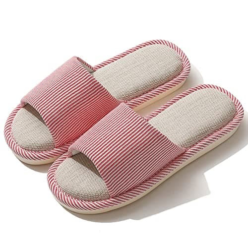 JIJIe Slippers for Women Men Linen Slippers Open Toe House Shoes Summer Sandals for Indoor Outdoor Bedroom (Red 36/37)