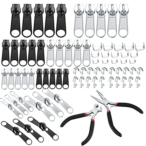 86-Piece Zipper Repair Kit - Metal Slider Replacement, Zip Puller Tabs Fixer, Pliers & Pulls Set for Jeans & Coats - Silver/Black