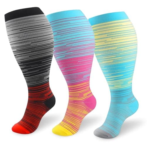 TRIITECH 3 Pair Plus Size Compression Socks for Women and Men,20-30mmHg Wide Calf Knee High Compression Stockings for Circulation