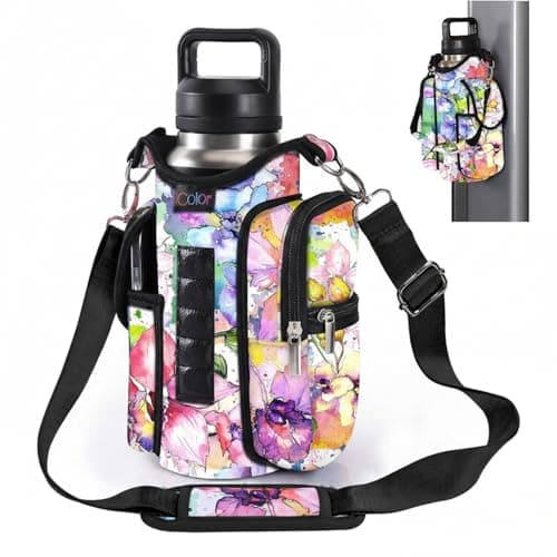 icolor Gym Magnetic Bag Water Bottle Carrier Holder with Strap & Phone Pockets, Diameter 3.9" Magnetic Gym Bag 5 Built-in Magnets Gym Accessories Organizer Pouch Sling Sleeve (Neoprene, Color-Flower)
