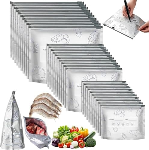 30PCS Reusable Aluminum Foil Sealable Storage Bags, 2026 New Resealable Vacuum Zipper Pouches for Food, Stand Up Foil Sealable Bags with Label Space and Zip Lock for Vegetable Fruit Meat (3 Size)