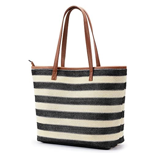 KALIDI Women Straw Tote Bag Summer Beach Woven Shoulder Handbag with Zip