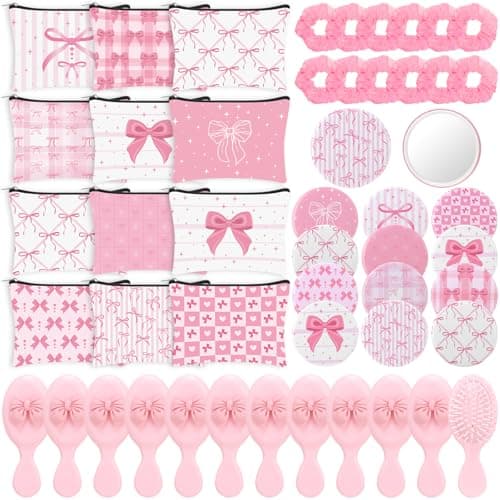 YXSJAS 12Sets-48Pcs Pink Bow Coquette Party Favors Makeup Bag Mini Combs Pocket Cosmetic Mirrors Delicate Hair Scrunchies Trip Weekend Gifts for Sleepover Spa Birthday Party Bridal Back to School