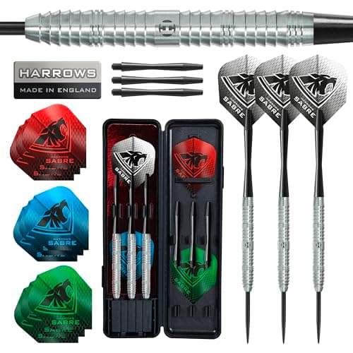 Harrows Sabre 90% Tungsten Steel Tip Darts Set – Professional Precision 21g to 26g | 23pc Bundle with Spare Shafts, Marathon Flights & Travel Case | Pro Player Tested, Tournament Quality - 23g