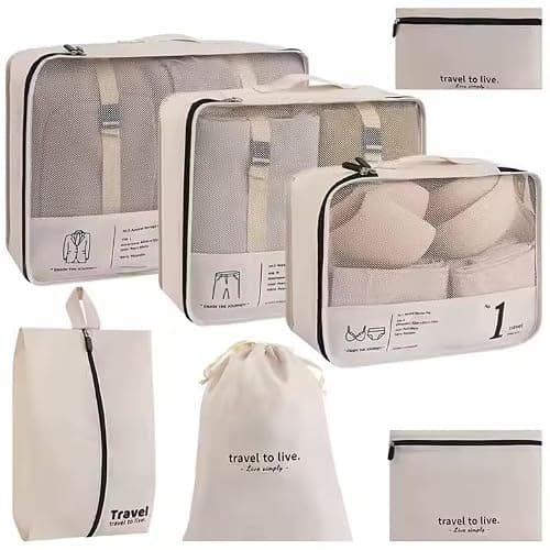 7 Piece Packing Cubes Set for Suitcases | Luxury Travel Organiser Bags | Compression Luggage Cubes with Shoe Bag & Pouches | Beige | Brand New