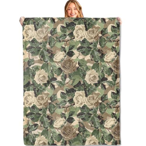 MIEPOS Camo Floral Rose Throw Blanket,50x60in,Soft,Lightweight Flannel,Green Brown Flower Blankets - Gifts for Women Adult,for Couch Office Travel,Home Living Room Bed Decor
