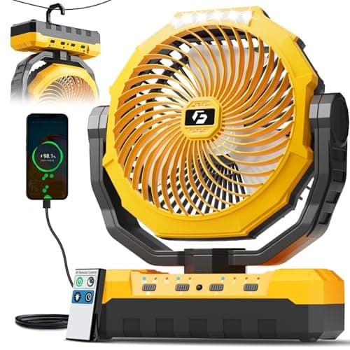 FRIZCOL 3-in-1 Camping Fan - Portable Fans Rechargeable - 24000mAh Battery Powered Fan(140Hrs) with Light & Remote for Indoor, Outdoor, Tent, Travel, BBQ, Fishing, Jobsite - Yellow