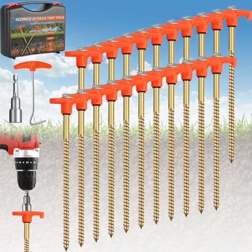 RIZENCE® 20 Pack Strong Tent Pegs Metal Heavy Duty with Carry Case - 20cm Screw In Tent Camping Pegs with Drill Adapter, Rock Pegs for Hard Ground for Camping, Galvanised Steel Rust-Resistan