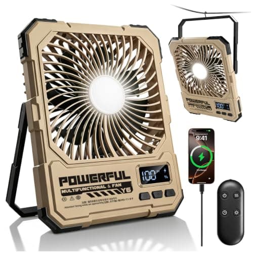 yAyusi 20000mAh Rechargeable Camping Fan, Ultra-Slim 8" Battery Powered Portable Travel Fan with Light&Remote, Maximum Battery Life of 82 Hours, Hook for Tent, Outdoor Home (Khaki)