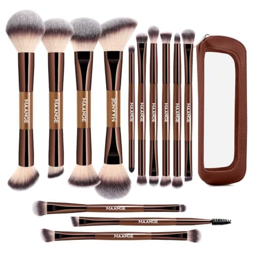 MAANGE13Pcs Makeup Brushes with Case, Professional Vegan Makeup Brush Set for Foundation, Powder, Eyeshadow, Dual-Ended Face Brushes, Coffee Gold