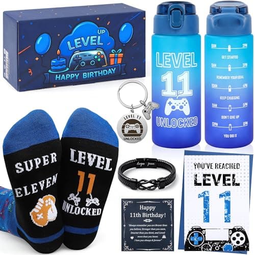 EccoDen 11th Birthday Gifts for Boys Age 11 – Funny Gamer Gift Set with Sports Water Bottle, Gamepad Keyring, Level 11 Socks & Bracelet – Cool Birthday Presents for Gamer Kids