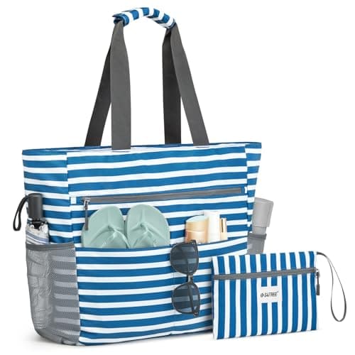 G4Free 50L Large Beach Bag Women Tote Bag with Makeup Bag Zipper Pocket Waterproof Sandproof (Navy Stripe)