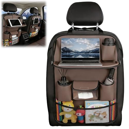 Les-Theresa Car Seat Organiser, Car Organiser Back Seat with Foldable Dining Table and Many Pockets Car Seat Back Protector, Car Backseat Tray for Toys Snacks Travel Essentials (Coffee Brown)