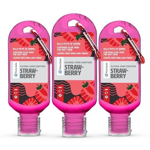 Palm Safe Strawberry 3 Pack 60ml Anti Bacterial Premium Hand Sanitiser Travel Size Refillable Clip Bottle Quick Drying Non Sticky Extra Moisturising Kills 99.9% of Viruses and Bacteria