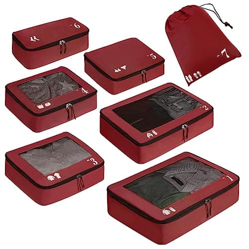 ECOHUB Packing Cubes for Suitcase 7 PCS Travel Organiser Packing Bags Recycled PET Eco Friendly Travel Accessories Shoes Bags Storage Bag Luggage Organiser Pouch(Red)