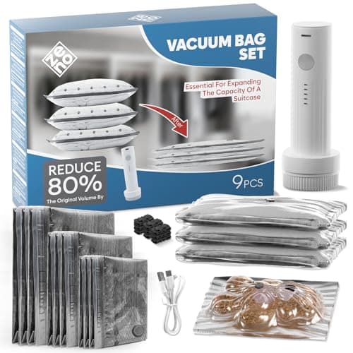 9-Pcs Travel Vacuum Bags with Electric Pump - Vacuum Storage Bags for travel - Space Saver for Clothes - Packing Cubes for Luggage & Suitcases - With Portable Cordless Pump