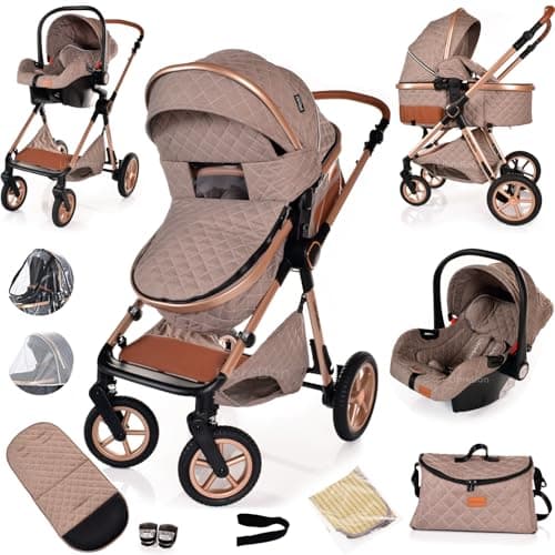 Baby Pram Pushchair Buggy with Car Seat Lightweight Stroller Folding Strollers 3 in1 Travel System Baby Trolley Pram for Newborns Toddlers from Birth (Beige - Rose Gold Frame)