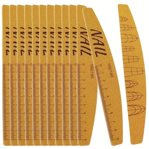 12 Pcs Professional Nail Files – Reusable Half‑Moon & Oval Tip Emery Boards, Multi‑Grit for Natural, Acrylic & Gel Nails, Manicure Pedicure Tools, Bulk Salon Supplies,Rubber 100/180 – Half‑Moon