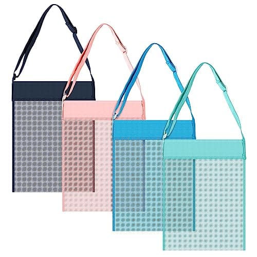 Vinsani Set of 4 Adjustable Reusable Mesh Beach Bags – Lightweight Shoulder Tote for Travel, Pool, Sand Toys, Swimming, Shopping – Adults, Teens & Kids (Blue, Green, Navy & Pink)