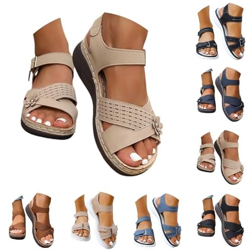 Orthopedic Sandals for Women UK Plantar Fasciitis Comfort Wedge Sandals Open Toe Ankle Strap Sandal Summer Wide Fit Cushion Walking Shoes Ladies Casual Summer Sandal with Arch Support 2-Khaki, 6