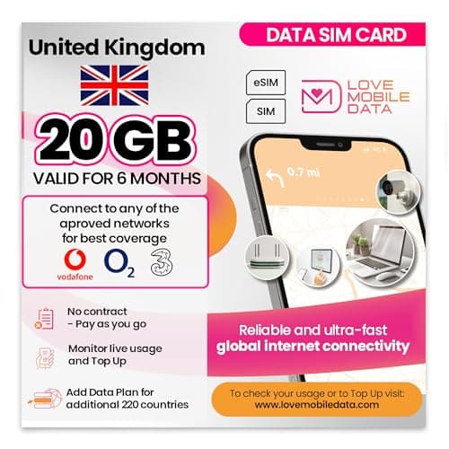 Love Mobile Data Only Sim Card - International Multi-Network 4G/5G Prepaid Pay As You Go Data Sim for Mobile Phones, WiFi Routers & More, United Kingdom (O2, Three & Vodafone) - 20GB for 6 months