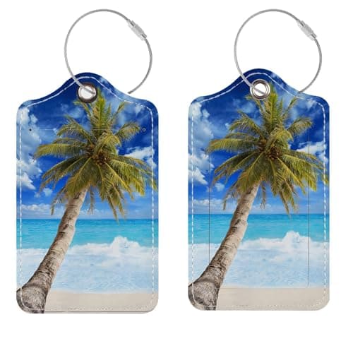 Vesavifaka 2 Pack Luggage Tags, Luggage Tags for Cruises and Air Travel, PU Leather Luggage Tags with Stainless Steel Loop and Address Card for Suitcases, Handbags and Backpacks (Beach Coconut
