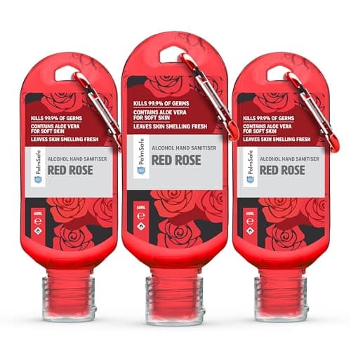 Palm Safe Red Rose 3 Pack 60ml Anti Bacterial Premium Hand Sanitiser Travel Size Refillable Clip Bottle Quick Drying Non Sticky Extra Moisturising Kills 99.9% of Viruses and Bacteria