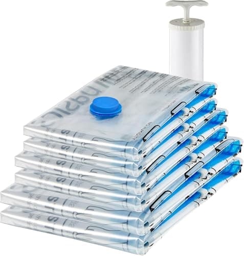 Amazon Basics Multiple Vacuum Compression Zipper Storage Bags with Hand Pump, 6-Pack (2 Jumbo, 2 Large, 2 Medium), Transparent