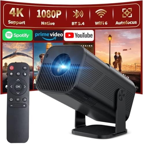 Projector with WIFI6 and Bluetooth, 4K 1080P Support with Android TV 11.0, Mini Portable Projector 180° Rotatable Movie Projector,Auto Keystone Compatible for Laptop, PC, Smartphone (Black)