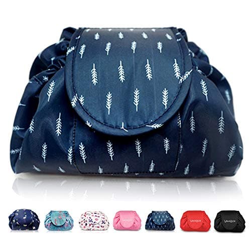 Vavabox Lazy Drawstring Makeup Bag, Flat Lay Cosmetic Bags (Feather)
