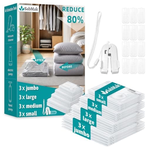 Vacuum Storage Bags 12 Pack with Mini Sealer Space Saver Compression Bags for Clothes, Duvets, Bedding & Travel Airtight Waterproof Vacuum Seal Bags (3 Jumbo, 3 Large, 3 Medium, 3 Small)