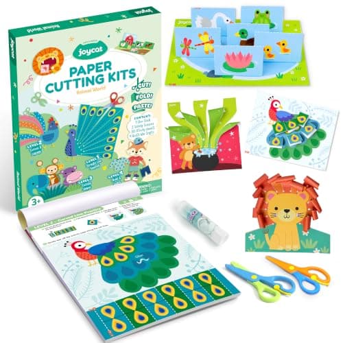 JoyCat Paper Cutting Kits for Kids Ages 3-5, Animal World Scissor Skills Activity Book with 2 Safety Scissors, 30 Activity Sheets, 4 Quick Win Crafts, Glue Stick, Preschool Animal Craft Set for Kids