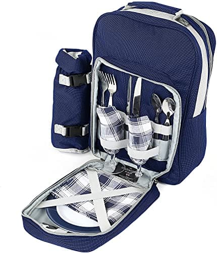 Greenfield Collection 2 Person Cooler Bag Picnic Set Rucksack; Lightweight Picnic Backpack Hamper; Includes Cutlery Set; Perfect Waterproof Coolbag Backpack for Camping/BBQ/Hiking - Blue