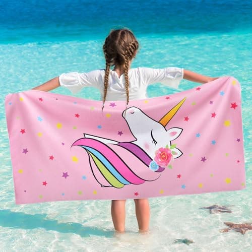 WERNNSAI Unicorn Microfibre Beach Towel for Kids, 76 x 150cm Bath Towel
