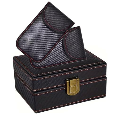 KAV Faraday Box with 2 Faraday Pouches - RFID Signal Blocking Car Key Fob Protector, Anti-Theft Keyless Entry Case for Keys, Phones & Cards, Durable Carbon Fiber Design with PU Leather & Wood