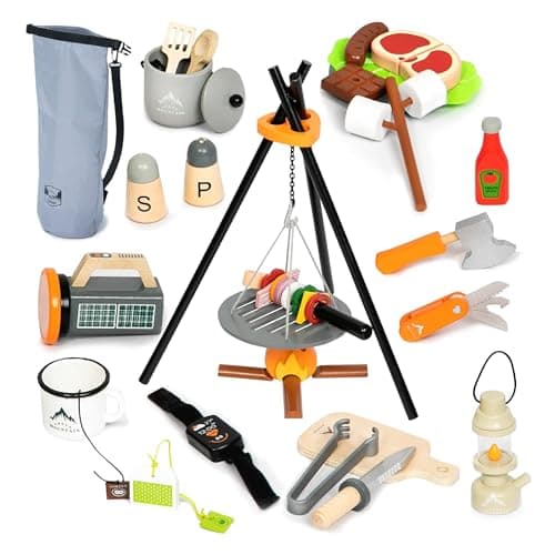 UMU® Camping Game for Kids Made of Wood with Campfire, Lantern, Knife, Axe and More, Adventure Role Play Toys, 45 Piece Set for 3 4 5 Year Old Girls and Boys