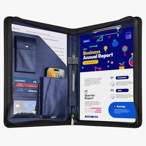 NEWYES PU Leather Zipper Conference Folder A4, Gifts for Men & Women, Travel Document Portfolio, Personal Agenda Organizer Folder, Blue