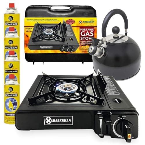 3 In 1 Camping Starter Kit - Includes Gas Stove, 4 Gas Bottles & 2.5L Kettle | Premium Burner, Automatic Ignition & Heat Control | Suitable for Fishing, Camping & Hiking | Lightweight, Essentials