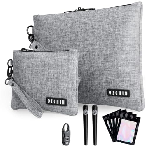 OZCHIN 2 Pack Smell Proof Bag - Mini & Large Smell Proof Container + 5 Smell Proof Baggies & Lock - Accessories Set with Carbon Lined Travel Pouches
